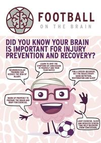 Cover page of magazine insert. "Did you know your brain is important for injury prevention and recovery?", with a bandaged brain graphic surrounded by speech bubbles. Faded red and white colour scheme.